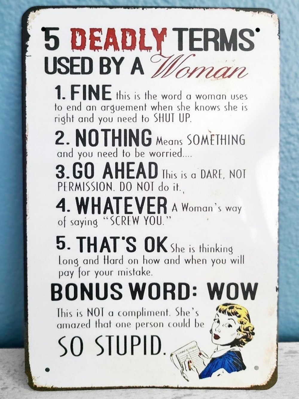 TIN SIGN ~ 5 Deadly Terms Used by A Woman ~ NWOT